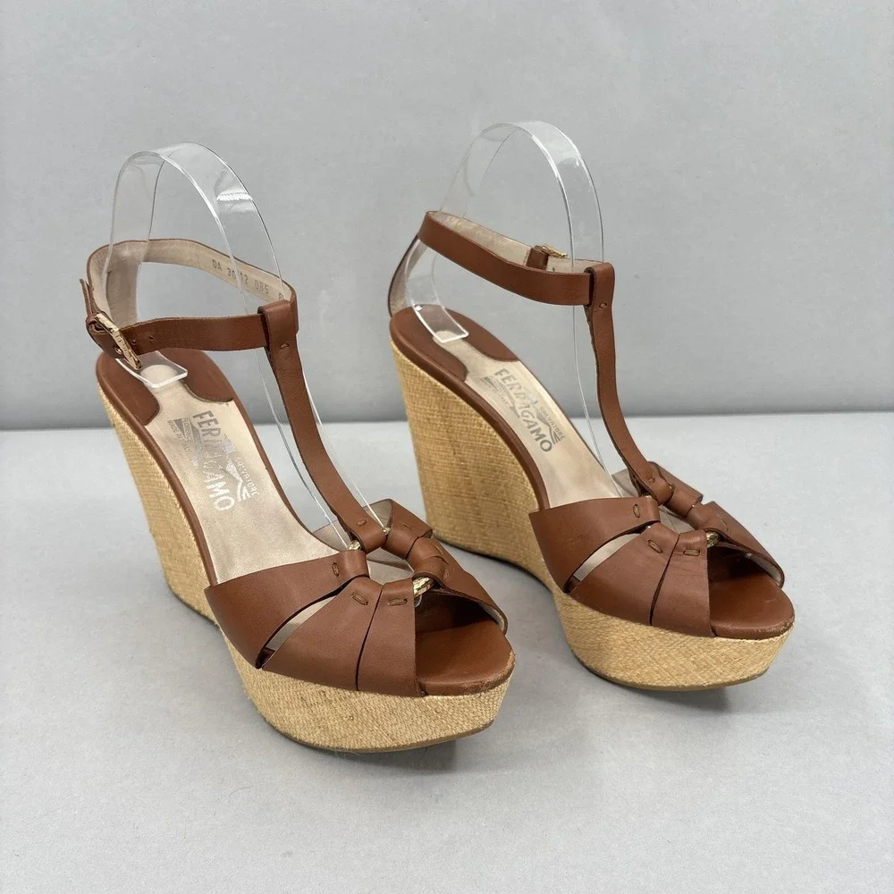 Salvatore Ferragamo Wedge Sandals Shoes Womens 8.5 Leather‎ Espadrille Italy